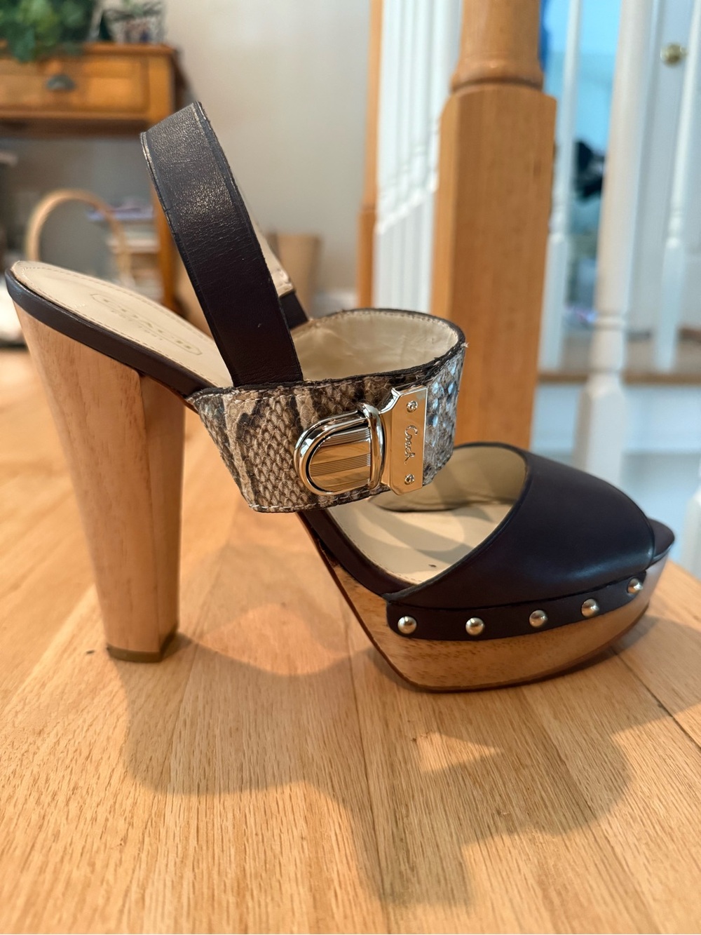 Platform Wood Heel Sandal in Brown and Snake Print